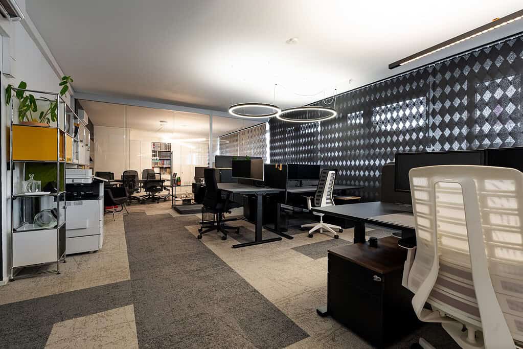 Büro-Showroom mit Arbeitsplätzen und Akustik-Wandelement